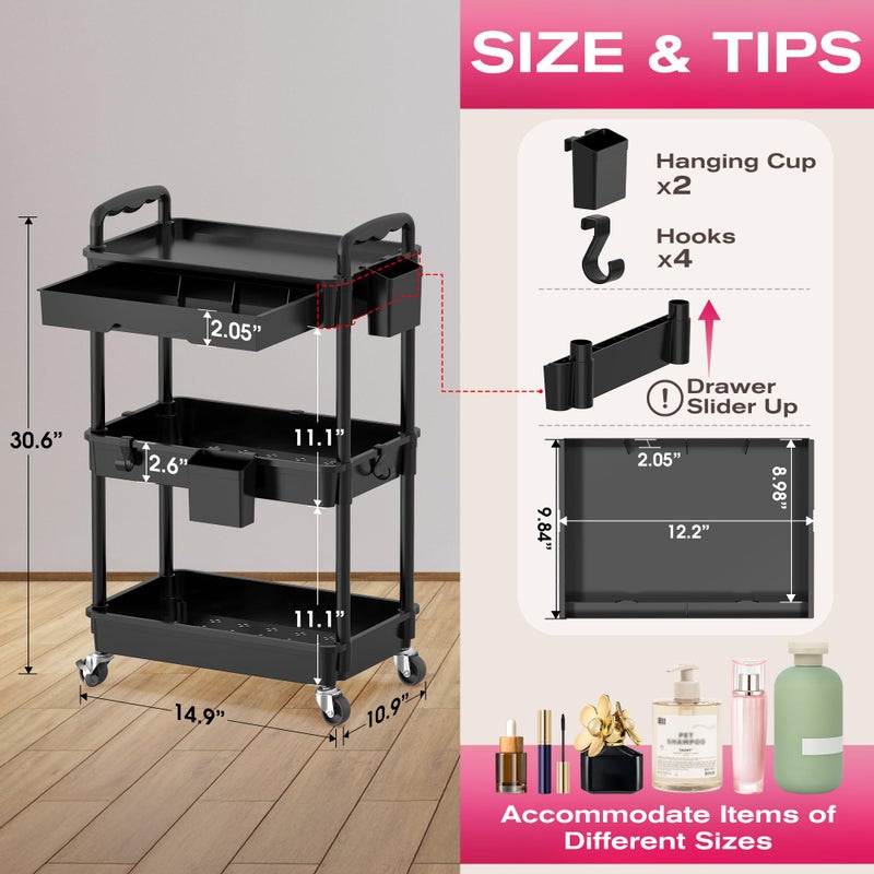 Goovilla Rolling Makeup Organizer Cart with Removable Drawer, 3 Tier Stable Black Floor Skincare Storage Cart for Vanity, Cosmetic Display, Nail Polish, Perfume, Hair Stuff, Beauty, Bathroom(Plastic) - Image 2