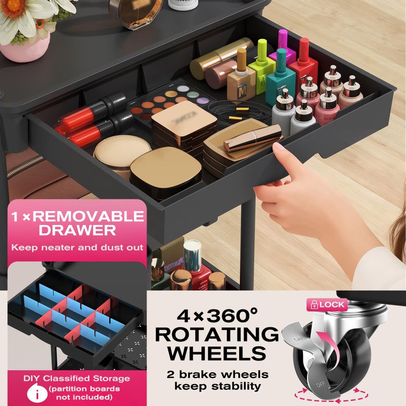 Goovilla Rolling Makeup Organizer Cart with Removable Drawer, 3 Tier Stable Black Floor Skincare Storage Cart for Vanity, Cosmetic Display, Nail Polish, Perfume, Hair Stuff, Beauty, Bathroom(Plastic) - Image 3