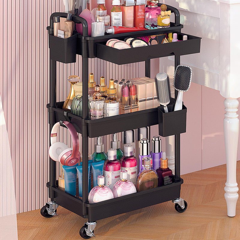 Goovilla Rolling Makeup Organizer Cart with Removable Drawer, 3 Tier Stable Black Floor Skincare Storage Cart for Vanity, Cosmetic Display, Nail Polish, Perfume, Hair Stuff, Beauty, Bathroom(Plastic) - Image 1