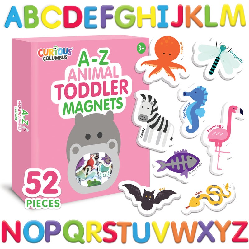 Curious Columbus Toddler Magnets â€“ Animal Fridge Magnets for Kids | 52 Refrigerator Magnets with 26 Animals + 26 ABC Magnetic Letters | Foam Alphabet Learning Set for Toddlers - Image 1