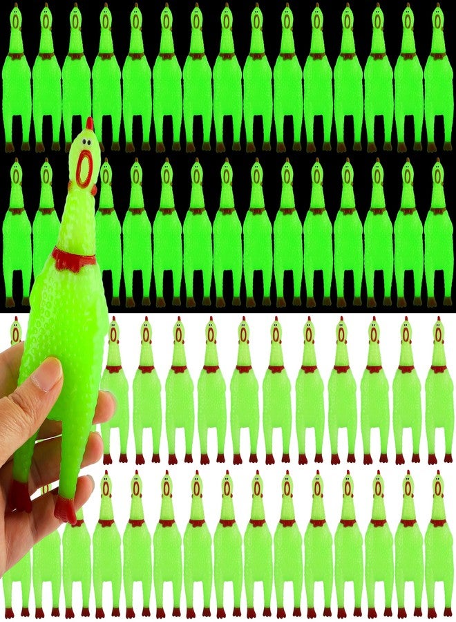 Plukeen 60 Pcs Glow in The Dark Rubber Chicken 6.3 Inch Luminous Screaming Mini Glowing Novelty Squeaky Chicken Prank Novelty Toy Party Favors for Adults Family Games, Green - Image 1