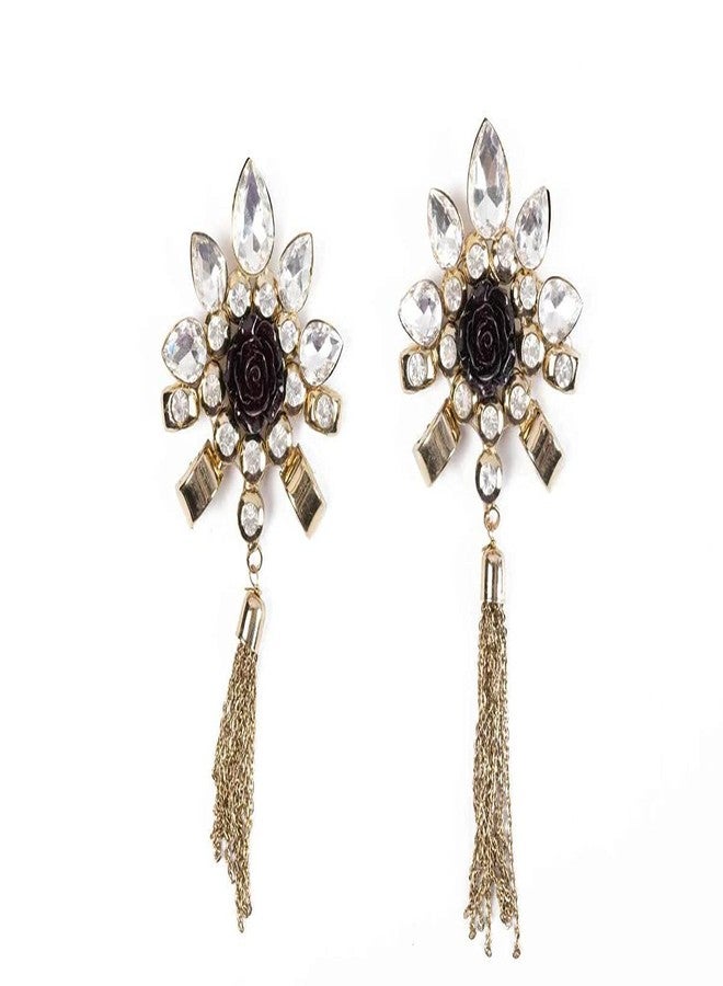 Mohan Shoppe Black Golden Flower Brooch with Stones for Sarees, Chunri, Odhni or scrafs Size- 6.1 X 12.9 cm Approx,Package of 1 Piece - Image 2