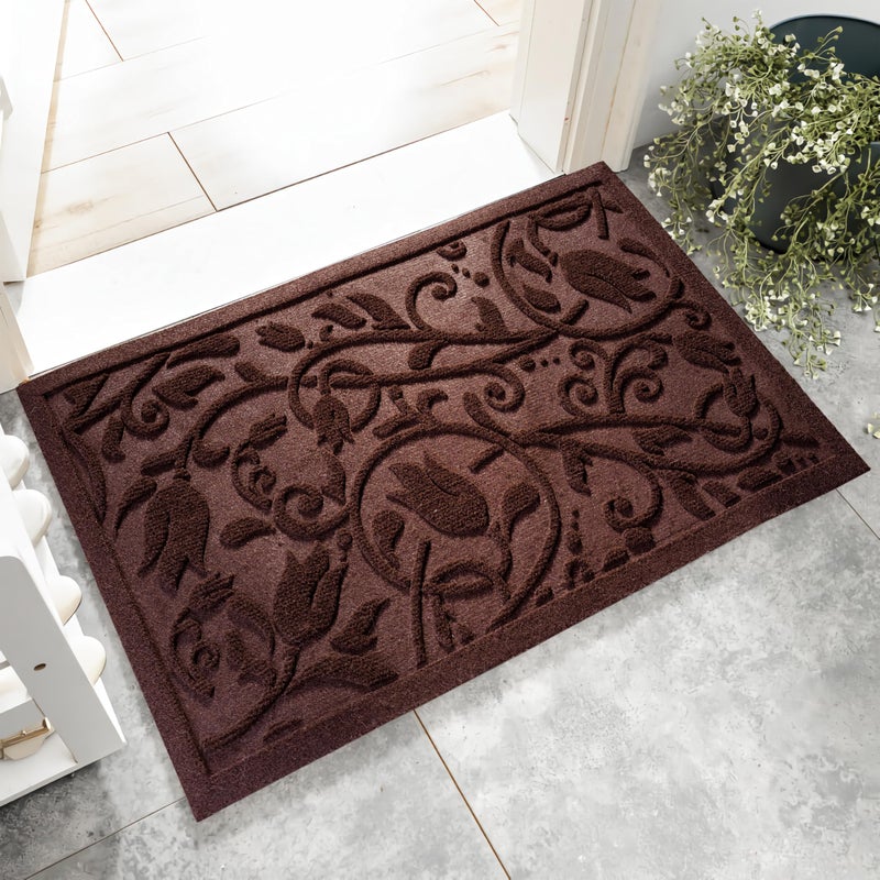 VivaNest ViveNest Boho Coffee Brown Floral Leaves Outdoor Indoor Entrance Doormats, Absorbent Durable Heavy Duty Welcome Front Door Mat,Thick Natural Rubber Back,Easy Clean Entryway Mat 17x30 Inch, Low Profile - Image 1