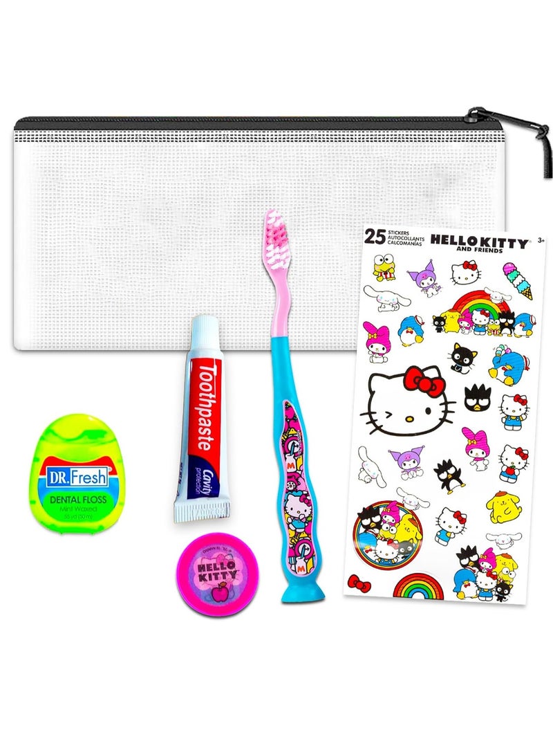 Hello Kitty Hello Kitty Oral Care Traveling Kit for Kids - Bundle with Hello Kitty Toothbrush with Cover, Toothpaste, Floss Pack, Travel Bag, and More for Girls, Toddlers | Hello Kitty Toothbrush Set. - Image 1