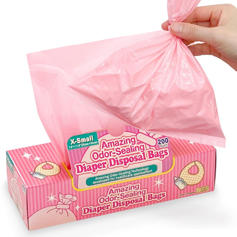 BOS Amazing Odor Sealing Baby Diaper Disposal Bags - Durable and Unscented [Size: XS, Color: Pink] (200 count, Pack of 1) (200 Bags) - Image 1