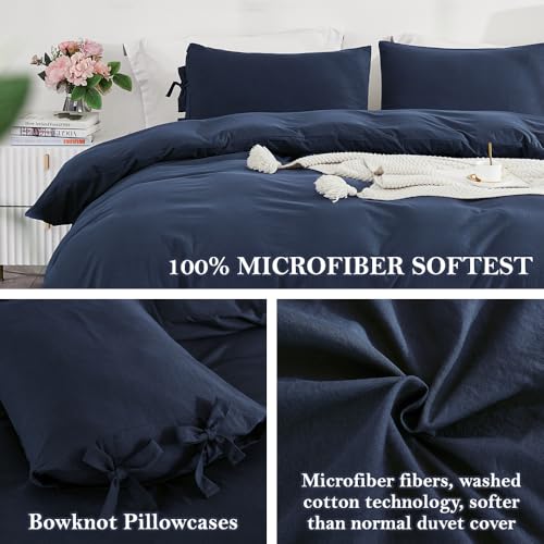 annadaif Grayish Navy Duvet Cover King Size, 3 Pieces Soft Washed Microfiber Duvet Cover Set, Comforter Cover with Bowknot Bow Tie (1 Duvet Cover 104x90 Inch, 2 Pillowcases) Easy Care Bedding Set - Image 4