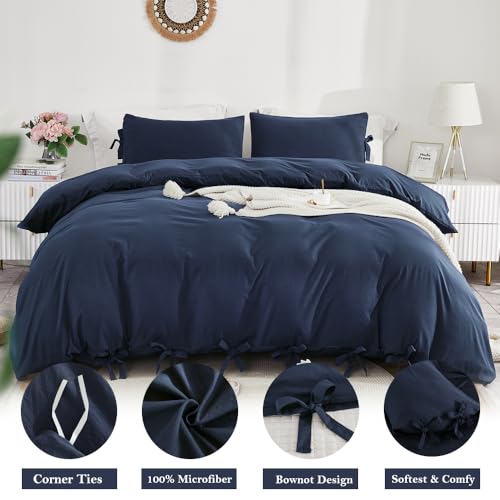 annadaif Grayish Navy Duvet Cover King Size, 3 Pieces Soft Washed Microfiber Duvet Cover Set, Comforter Cover with Bowknot Bow Tie (1 Duvet Cover 104x90 Inch, 2 Pillowcases) Easy Care Bedding Set - Image 2