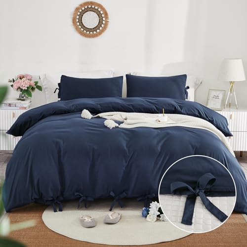 annadaif Grayish Navy Duvet Cover King Size, 3 Pieces Soft Washed Microfiber Duvet Cover Set, Comforter Cover with Bowknot Bow Tie (1 Duvet Cover 104x90 Inch, 2 Pillowcases) Easy Care Bedding Set - Image 1