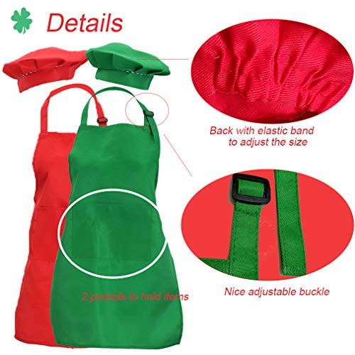 multifuns 2 Sets Green&Red Kids Apron and Chef Hat Set-Childrens Kids Apron for Girls Boys Cooking Painting Baking Wear 5-12 Ages. - Image 2