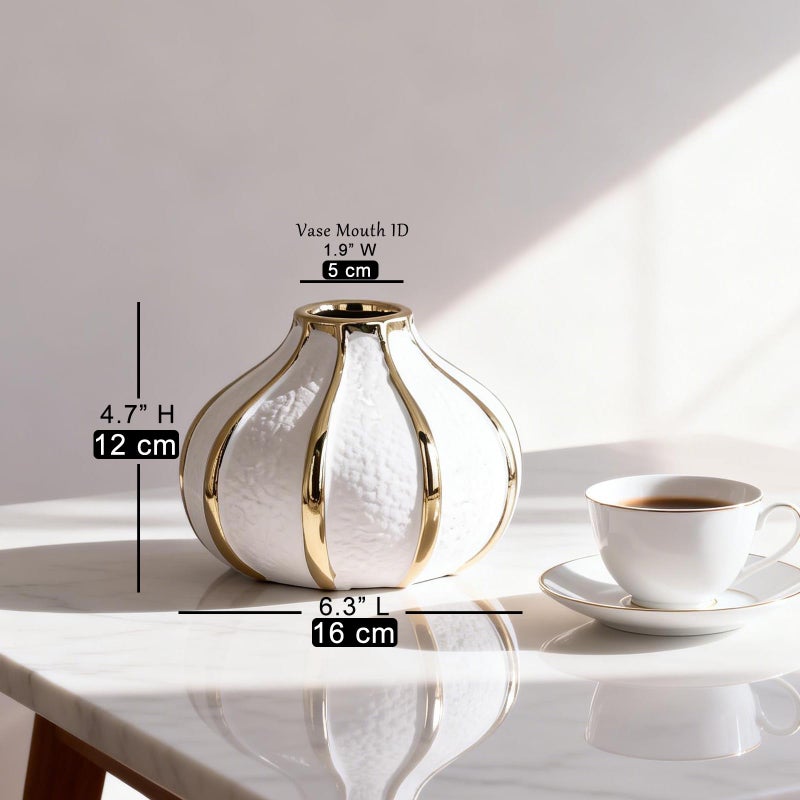 oliruim White Gold Home Decor Vase, Round White Bud Ceramic Vase for Flowers, Luxury Home Decoration, Dining Table Centerpiece (E-White) - Image 3