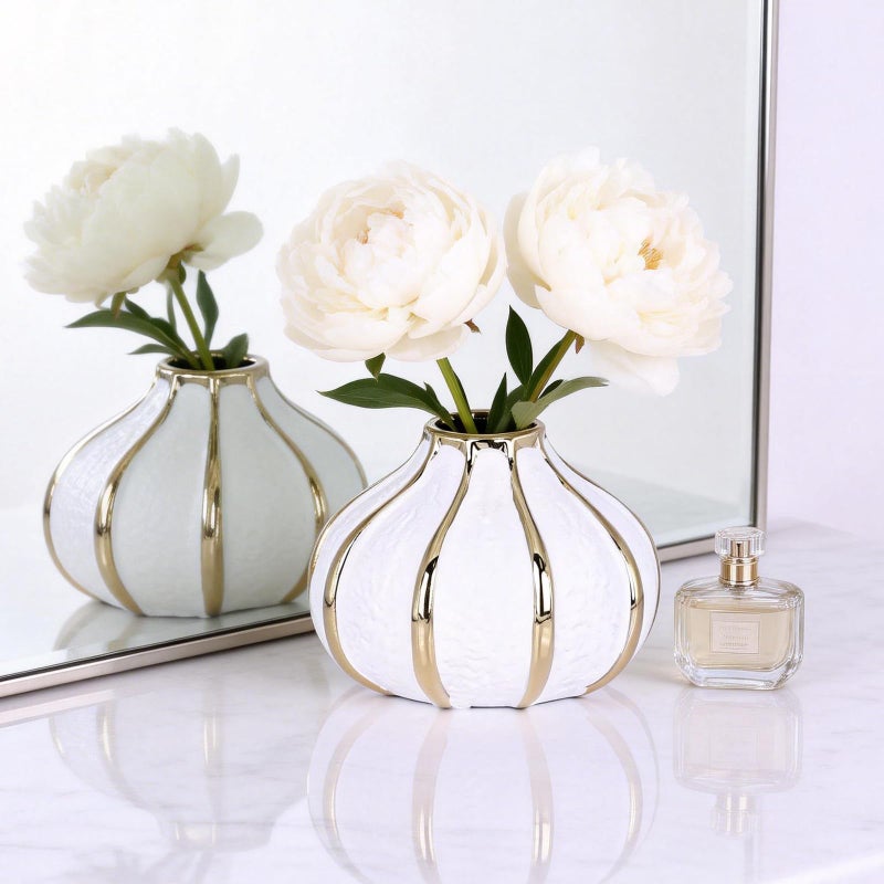 oliruim White Gold Home Decor Vase, Round White Bud Ceramic Vase for Flowers, Luxury Home Decoration, Dining Table Centerpiece (E-White) - Image 5