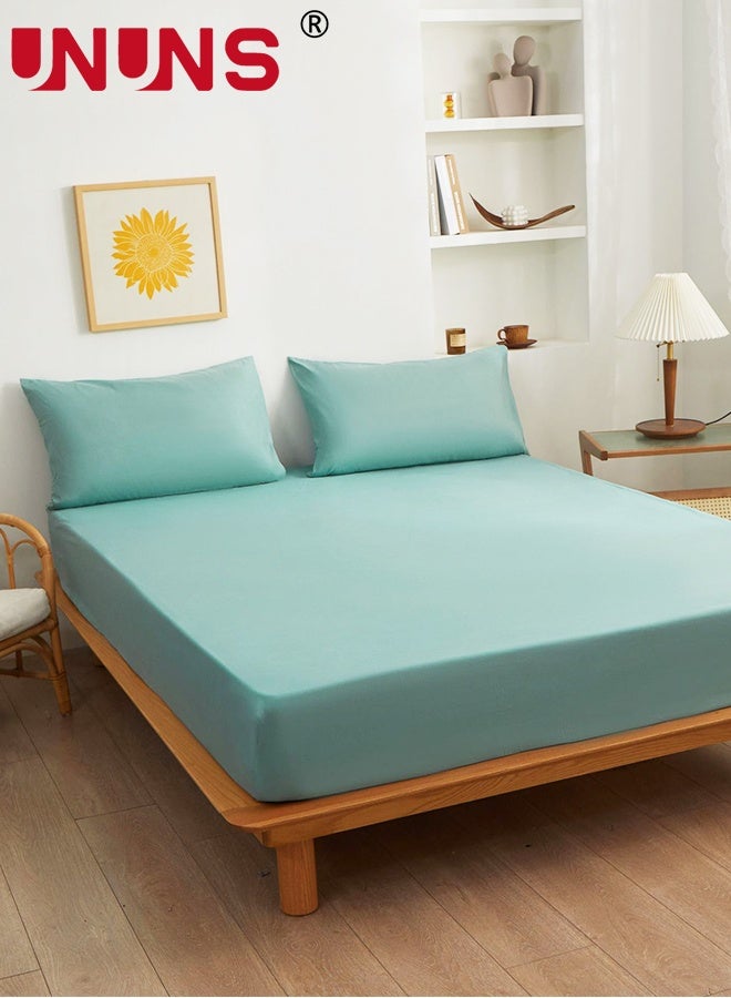 UNUNS Bedding Fitted Sheet,Fits 200x220 CM For King Bed,3 Pcs (1 Fitted Sheet and 2 Pillowcases),200 TC Breathable Hotel Luxury Bed Sheets,28 Cm Deep Pocket,Solid Bed Sheet,Light Teal - Image 1