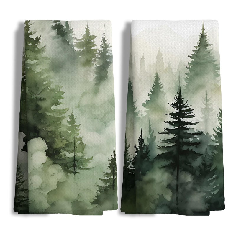 Nipil Mountain Forest Green Kitchen Towels Set of 2,Forest Bathroom Decorative Hand Towels,Farmhouse Kitchen Decor,16x24 Inch - Image 1