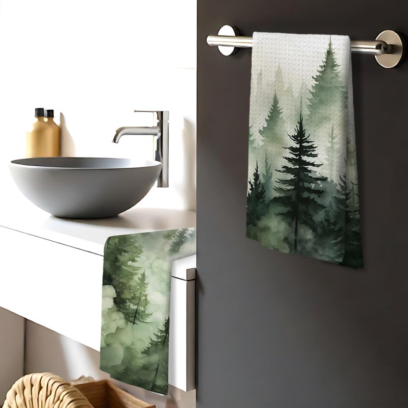 Nipil Mountain Forest Green Kitchen Towels Set of 2,Forest Bathroom Decorative Hand Towels,Farmhouse Kitchen Decor,16x24 Inch - Image 4