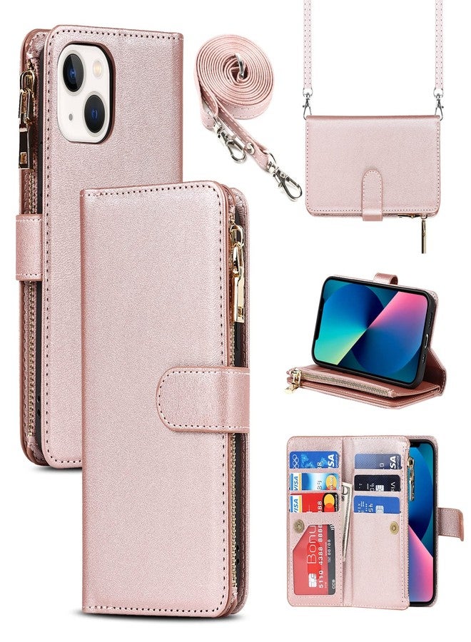 Jaorty for iPhone 13/14 Phone Case Wallet for Women Men with Card Holder,for iPhone 14 Crossbody Case with Strap Shoulder Lanyard, Zipper Pocket PU Leather Cases Purse for iPhone 13,6.1 Inch Rosegold - Image 1