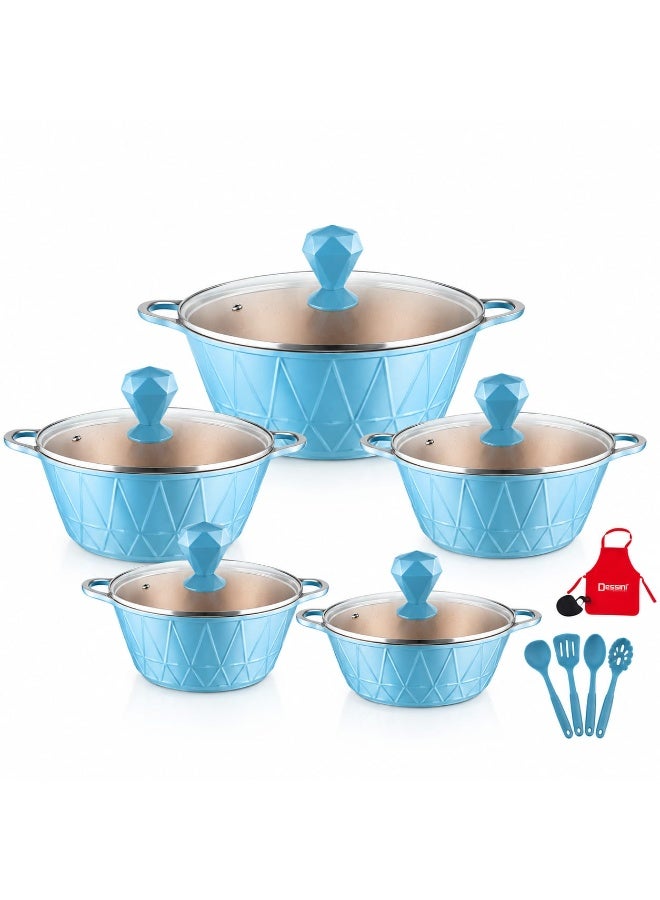 17-piece energy-efficient granite aluminum cookware set includes: 1 x casserole with lid (20cm), 1 x casserole with lid (24cm), 1 x casserole with lid (28cm), 1 x casserole with lid (32cm), 1 x casserole with lid (28cm), and 7 x blue cookware utensils.