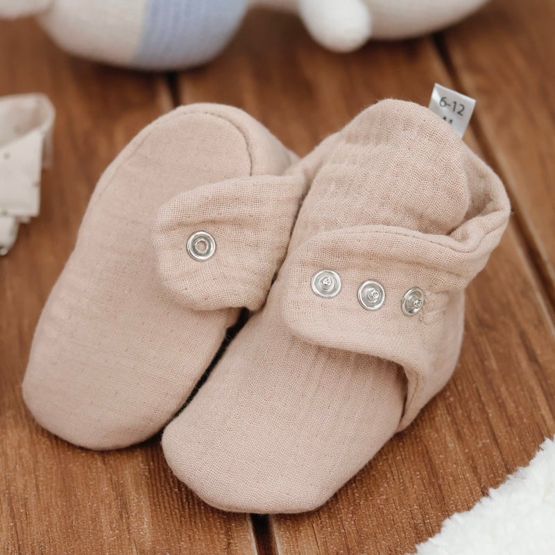 Ella Bonna Muslin Baby Booties, Organic Cotton, Newborn Slippers, Beige  - Image 3