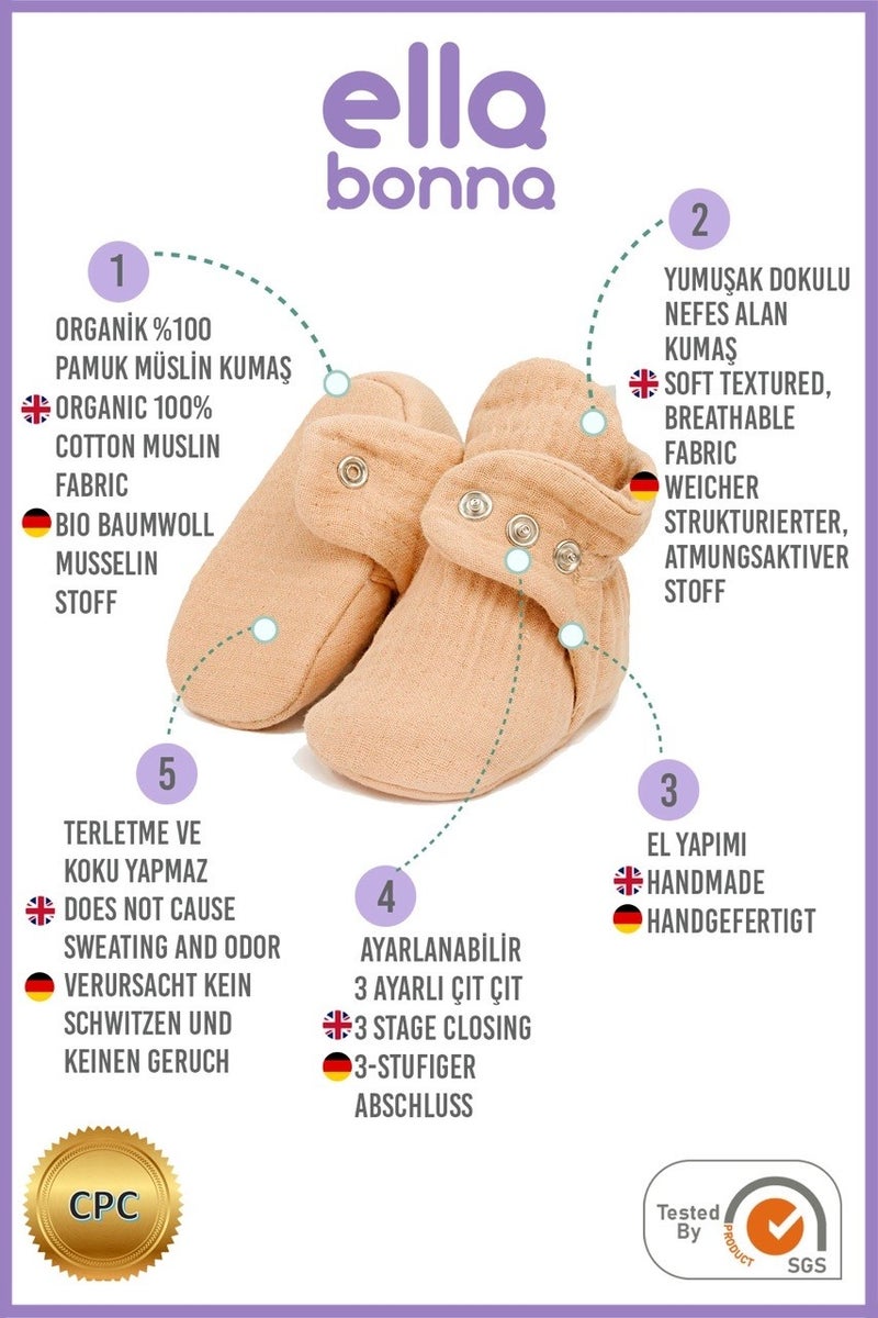 Ella Bonna Muslin Baby Booties, Organic Cotton, Newborn Slippers, Beige  - Image 4