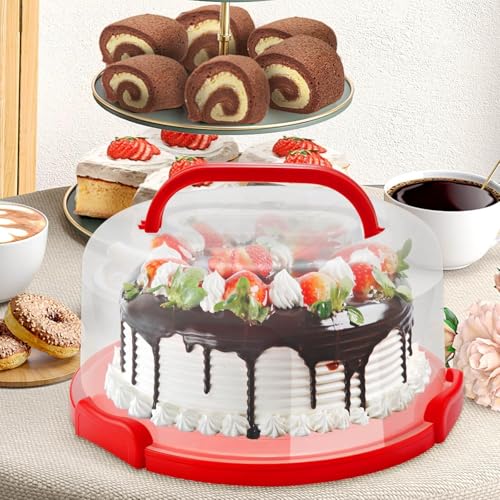 CLAPONE Cake Carrier with Lid and Handle/Cake Containers/Cake Holder for 11 inch/Cake with 3 Handles Cupcake Carrier/Cake Boxes For Packing/Plastic Cover Three Sided Base/Round Storage Carrier/(Red) - Image 4
