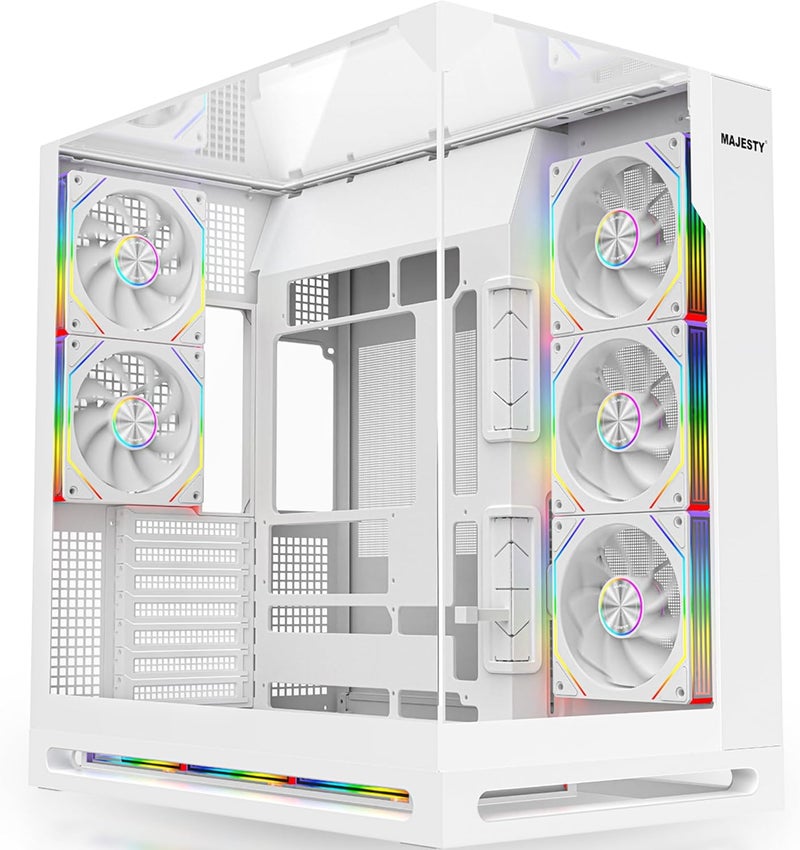 علبة كمبيوتر ميد-تاور Majesty Falcon X | تصميم احترافي عالي الجودة | 8 مراوح ARGB إنفينيتي مثبتة | دعم ATX | دعم مبرد مائي 360 مم | منفذ Type-C، 2 منفذ USB 3.0 | تصميم توصيل خلفي | أبيض - Image 1