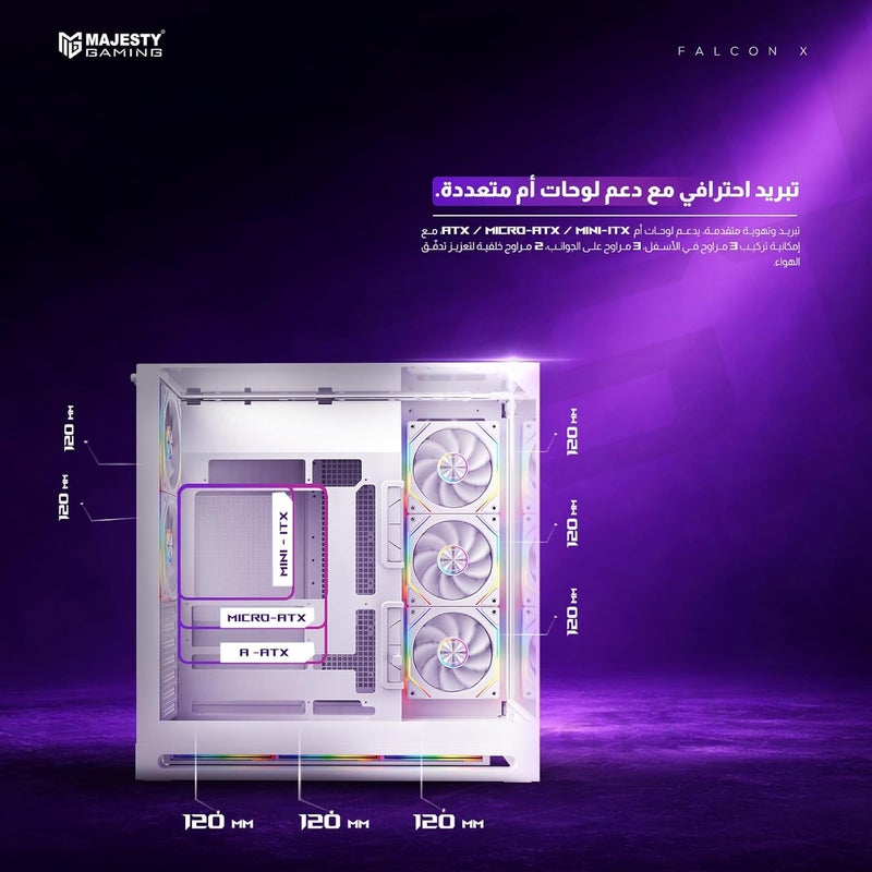 علبة كمبيوتر ميد-تاور Majesty Falcon X | تصميم احترافي عالي الجودة | 8 مراوح ARGB إنفينيتي مثبتة | دعم ATX | دعم مبرد مائي 360 مم | منفذ Type-C، 2 منفذ USB 3.0 | تصميم توصيل خلفي | أبيض - Image 3