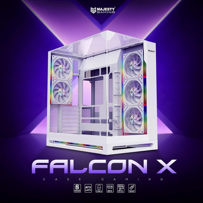 علبة كمبيوتر ميد-تاور Majesty Falcon X | تصميم احترافي عالي الجودة | 8 مراوح ARGB إنفينيتي مثبتة | دعم ATX | دعم مبرد مائي 360 مم | منفذ Type-C، 2 منفذ USB 3.0 | تصميم توصيل خلفي | أبيض - Image 2