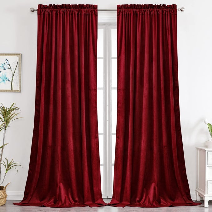 Red Burgundy Velvet Curtains for Bedroom Window Super Soft Luxury Drapes Room Darkening Thermal Insulated Rod Pocket Curtain for Living Room W52 by L96 inches 2 Panels