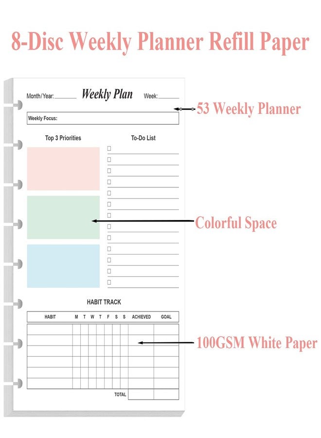 Yaridar Weekly Planner Undated Refills - 52 Sheets/104 Pages Colorful Weekly Planner for A5 Binder, 8-Disc Punched, 100 gsm White Paper, 5.8" x 8.3" - Image 5