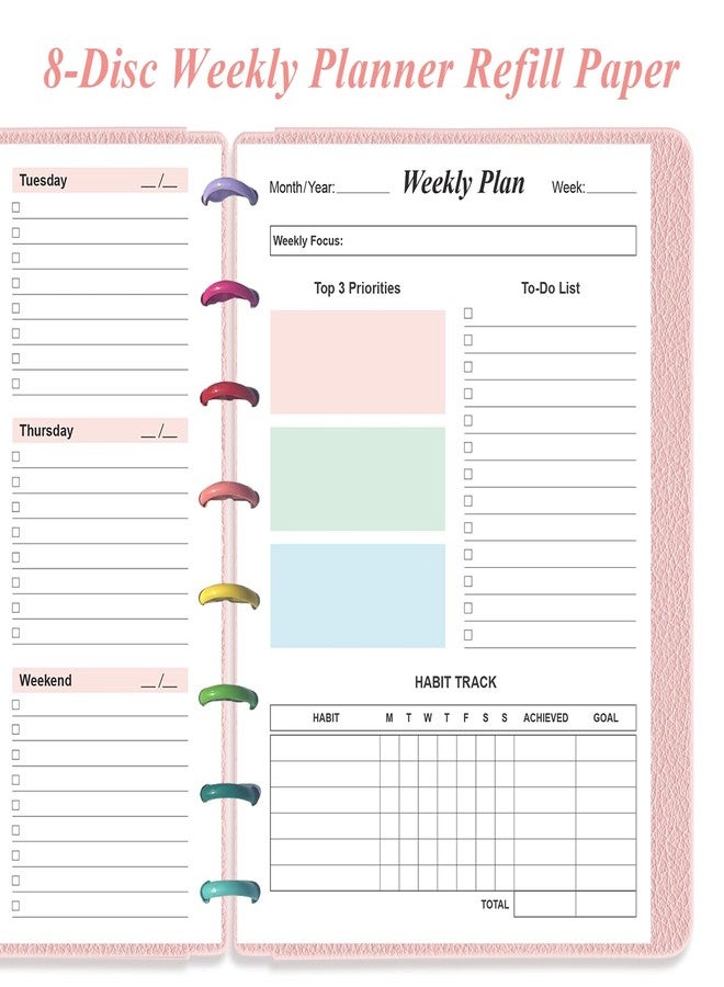Yaridar Weekly Planner Undated Refills - 52 Sheets/104 Pages Colorful Weekly Planner for A5 Binder, 8-Disc Punched, 100 gsm White Paper, 5.8" x 8.3" - Image 3