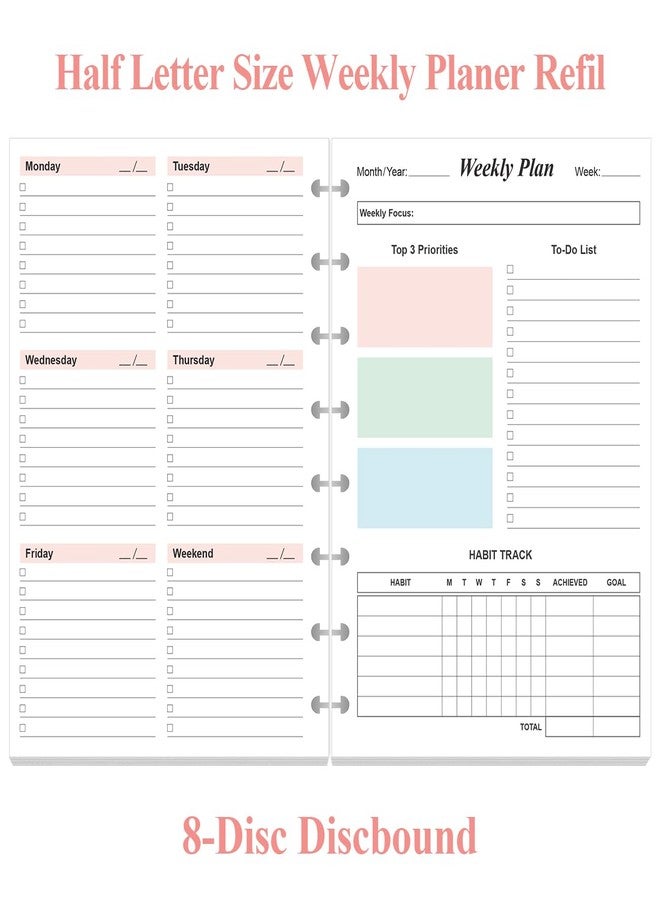Yaridar Weekly Planner Undated Refills - 52 Sheets/104 Pages Colorful Weekly Planner for A5 Binder, 8-Disc Punched, 100 gsm White Paper, 5.8" x 8.3" - Image 2
