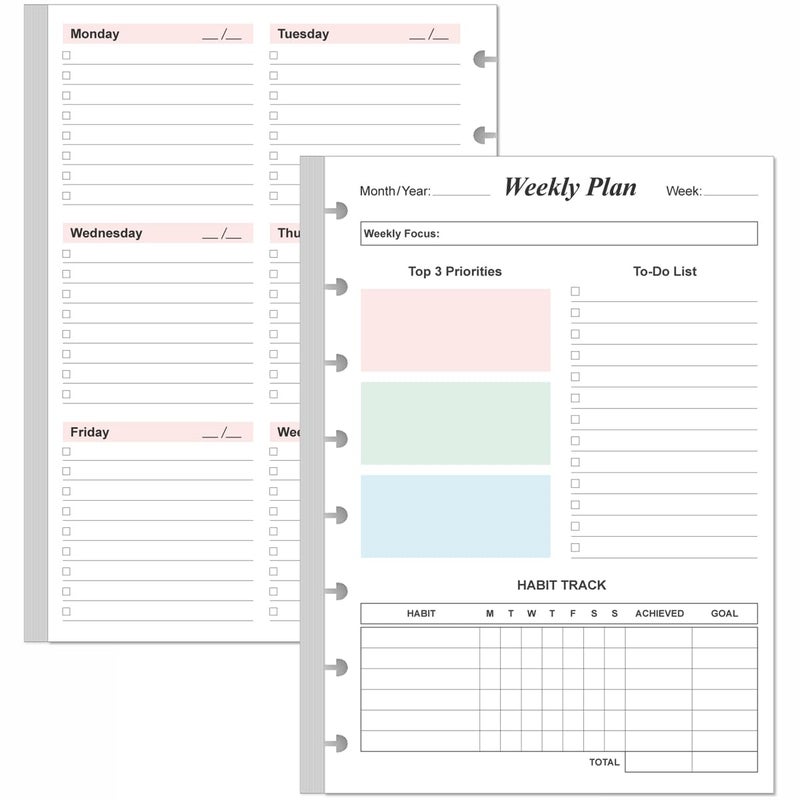 Yaridar Weekly Planner Undated Refills - 52 Sheets/104 Pages Colorful Weekly Planner for A5 Binder, 8-Disc Punched, 100 gsm White Paper, 5.8" x 8.3" - Image 1