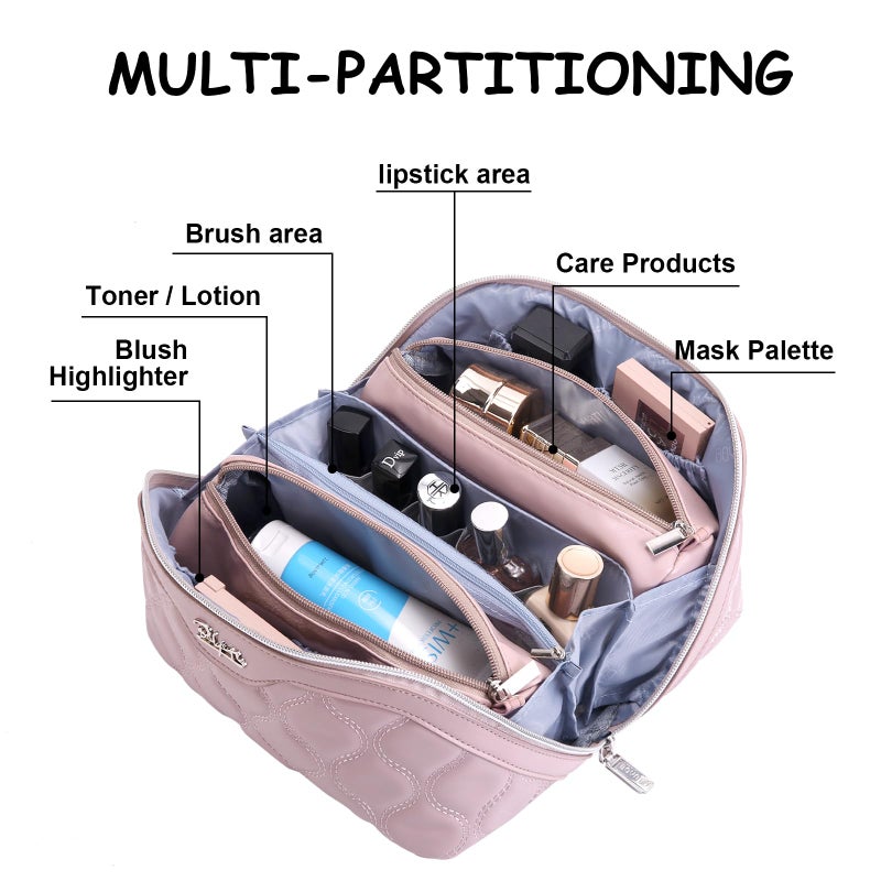 BOYATU Travel Makeup Bags for Women Cosmetic Bag: Puffy Make up Bags Set of 3 - Vegan Leather Makeup Organizer - Waterproof Large Toiletry Bag with Compartments - Travel Essentials (H-3-Pink) - Image 3