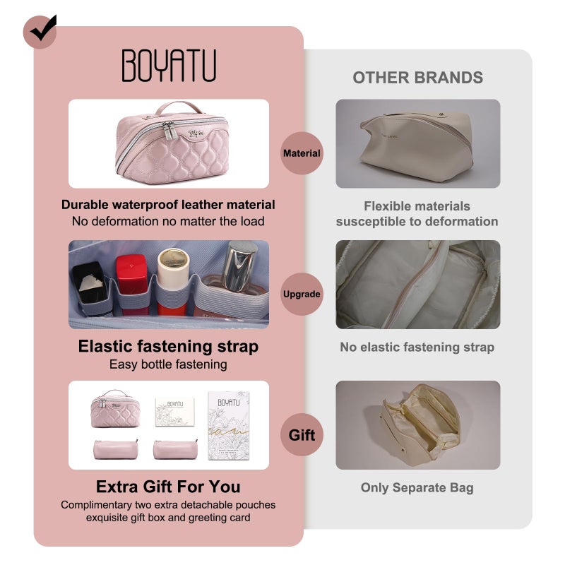BOYATU Travel Makeup Bags for Women Cosmetic Bag: Puffy Make up Bags Set of 3 - Vegan Leather Makeup Organizer - Waterproof Large Toiletry Bag with Compartments - Travel Essentials (H-3-Pink) - Image 2
