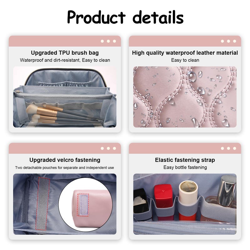 BOYATU Travel Makeup Bags for Women Cosmetic Bag: Puffy Make up Bags Set of 3 - Vegan Leather Makeup Organizer - Waterproof Large Toiletry Bag with Compartments - Travel Essentials (H-3-Pink) - Image 4