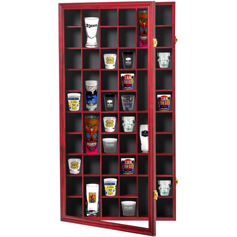 Furnishh 52 Slots Shot Glass Display Case with Lockable Door Solid Wood Cabinet Collection Holder Wall Mounted Shot Glass Display Storage Box with Removable Shelves 17x32 Mahogany