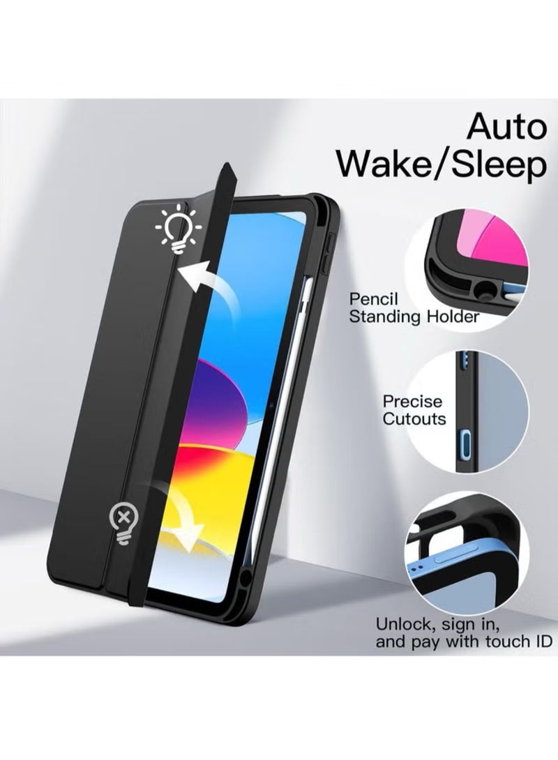 Case for iPad 10th Generation 10.9 Inch 2022 Built-in Pencil Holder Flexible Back Cover, Trifold Stand, Auto Sleep Wake Rebound Series Clear / Black - Image 5