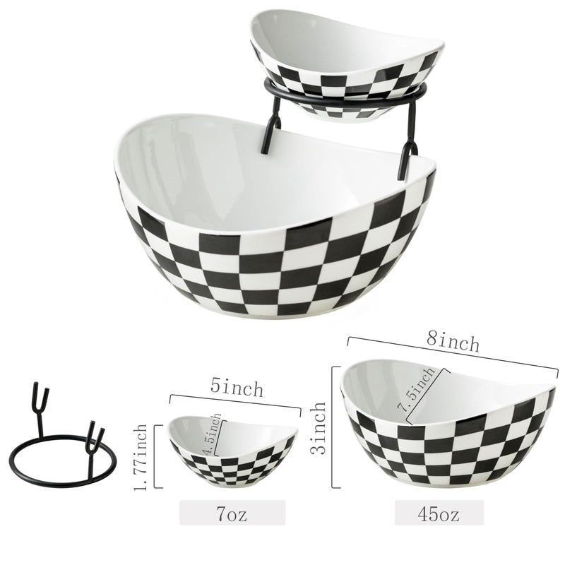 Miamolo Tiered Serving Bowls Chip and Dip Serving Set with Stand, Ceramic Appetizer Serving Dishes Platters and Trays for Parties Entertaining - Checkered Kitchen Decor - Image 2