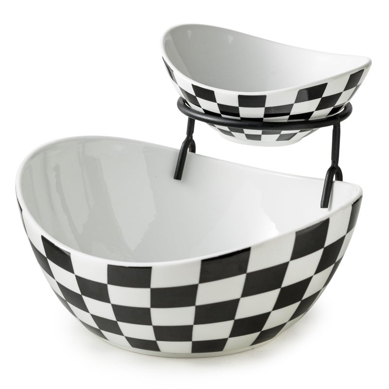 Miamolo Tiered Serving Bowls Chip and Dip Serving Set with Stand, Ceramic Appetizer Serving Dishes Platters and Trays for Parties Entertaining - Checkered Kitchen Decor - Image 1