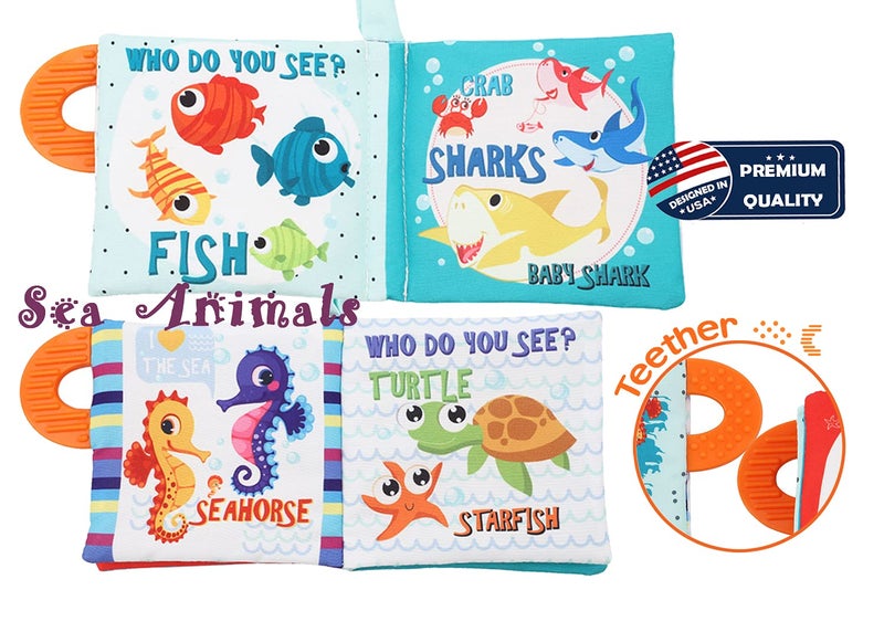 Bebe Mondo Baby Book Toy, Soft Cloth Crinkle Books for Babies with Teether, Infant Toys 0-3-6-12-18 Months, Shower Baby Gifts, Teething Toy for Boys Girls- Fish, Shark-1PCs - Image 2