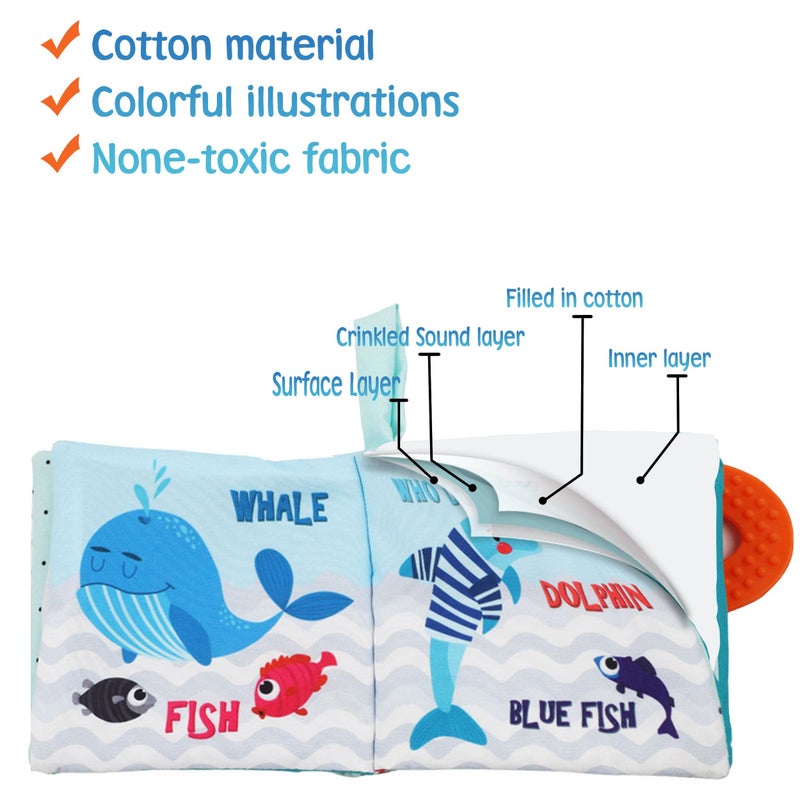 Bebe Mondo Baby Book Toy, Soft Cloth Crinkle Books for Babies with Teether, Infant Toys 0-3-6-12-18 Months, Shower Baby Gifts, Teething Toy for Boys Girls- Fish, Shark-1PCs - Image 3
