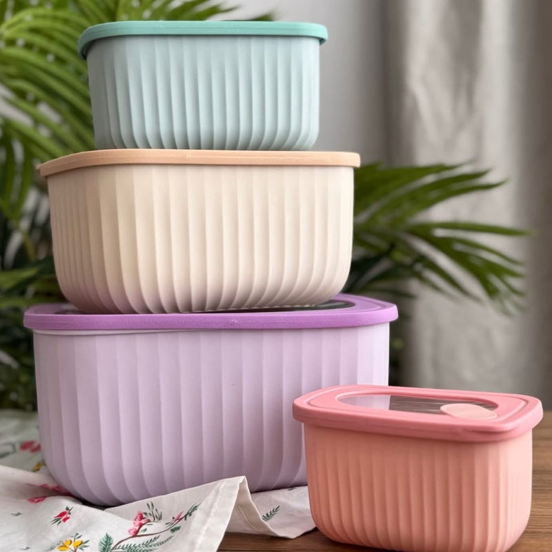 Set of 4 rectangular, ribbed food storage containers in assorted colors and different sizes