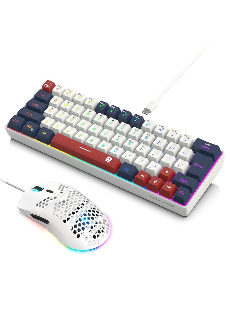 روك بو مجموعة لوحة مفاتيح وماوس ألعاب سلكية 60%، فأرة ألعاب RGB مريحة وخفيفة الوزن بدقة 8000 نقطة في البوصة، مستشعر بصري، 63 مفتاحًا بإضاءة خلفية RGB، لوحة مفاتيح صغيرة للغاية ومقاومة للماء للاعبي الكمبيوتر الشخصي - Image 1