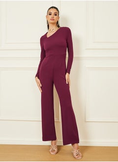 Styli Textured Knit Asymmetric Neck Straight Leg Jumpsuit  - Image 1