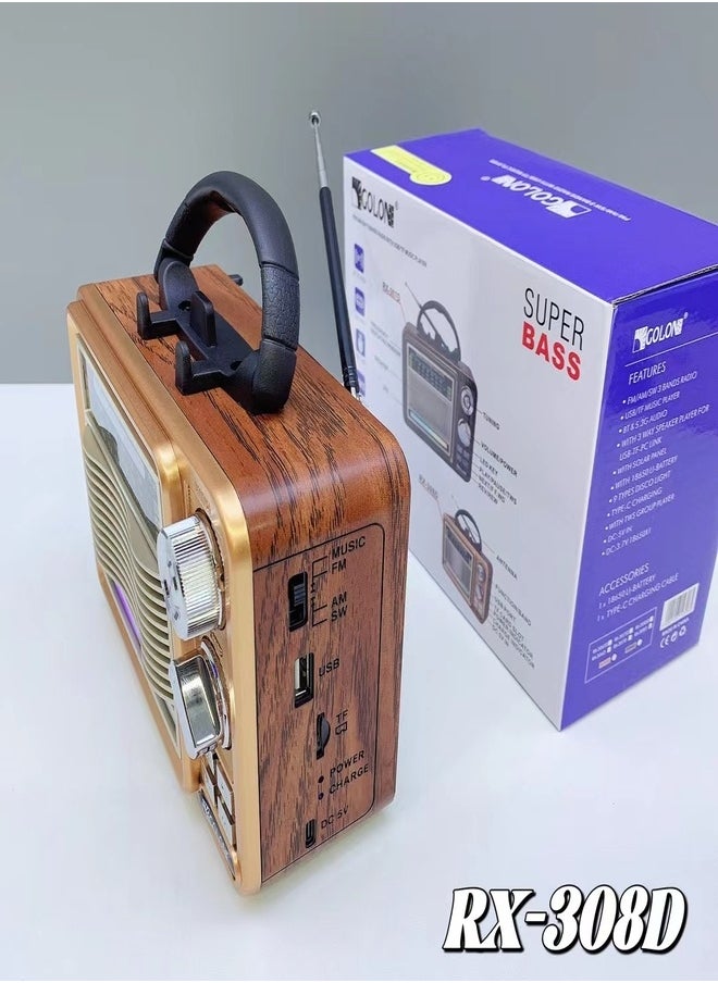 راديو RX-308D جديد قابل لإعادة الشحن مع وصلة لاسلكية ومشغل MP3 USB وراديو عتيق قديم ومشغل خارجي TWS RGB