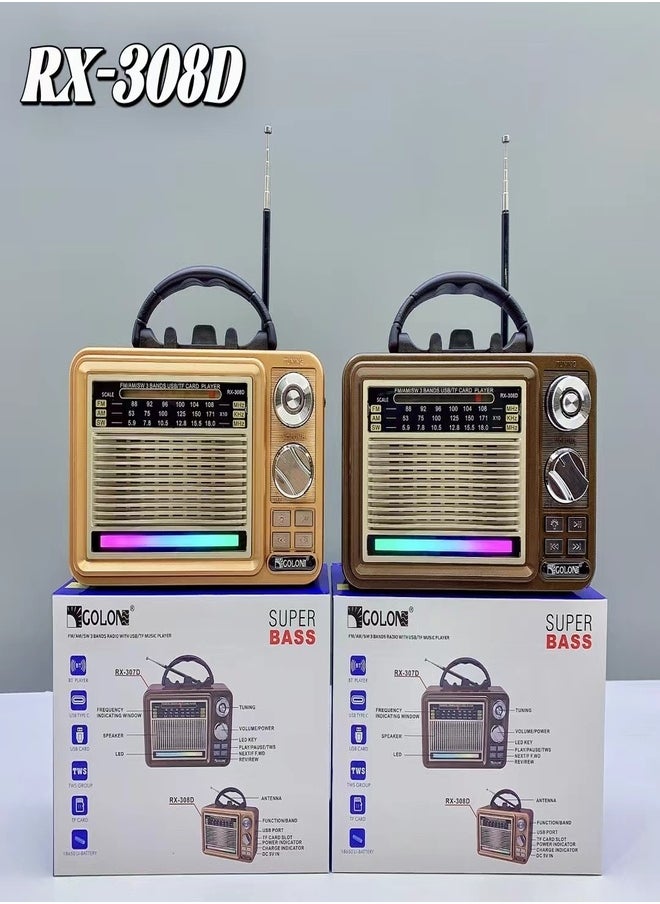 راديو RX-308D جديد قابل لإعادة الشحن مع وصلة لاسلكية ومشغل MP3 USB وراديو عتيق قديم ومشغل خارجي TWS RGB