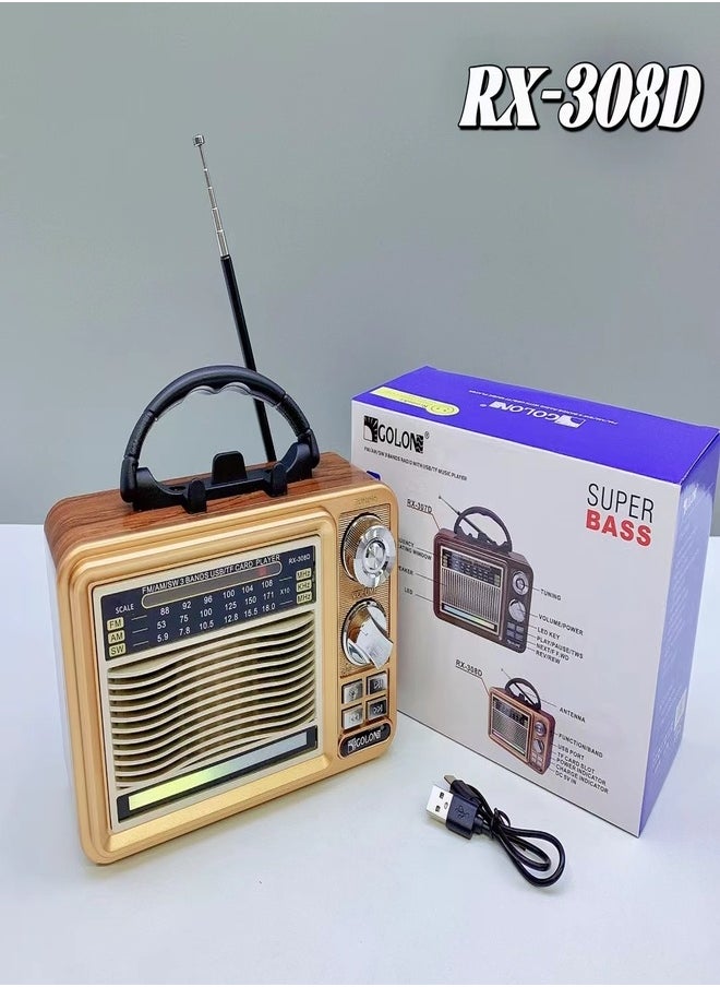 راديو RX-308D جديد قابل لإعادة الشحن مع وصلة لاسلكية ومشغل MP3 USB وراديو عتيق قديم ومشغل خارجي TWS RGB