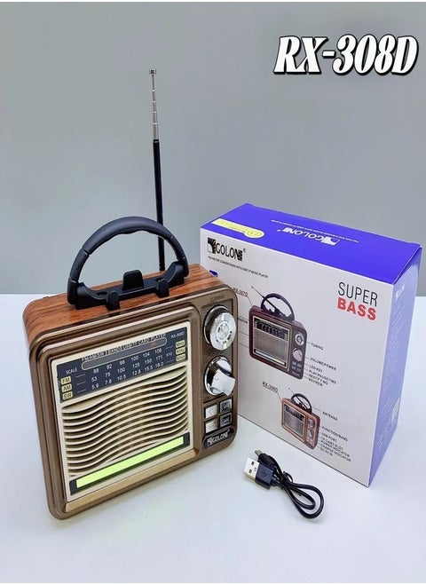 راديو RX-308D جديد قابل لإعادة الشحن مع وصلة لاسلكية ومشغل MP3 USB وراديو عتيق قديم ومشغل خارجي TWS RGB