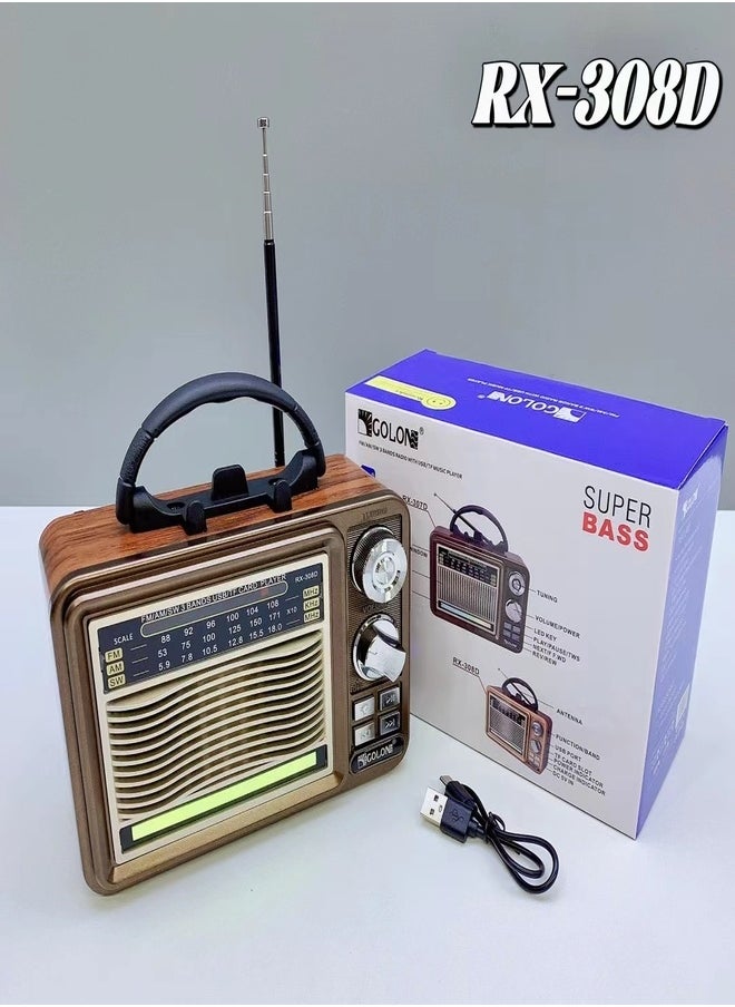 راديو RX-308D جديد قابل لإعادة الشحن مع وصلة لاسلكية ومشغل MP3 USB وراديو عتيق قديم ومشغل خارجي TWS RGB