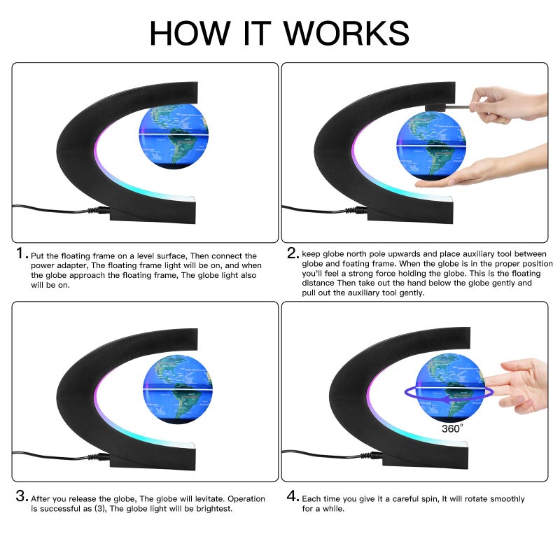 Gresus Upgraded Magnetic Levitation Floating Globe with C Shape Base, Floating World Map Globe with LED Lights, Great Fathers Students Business Boyfriend Birthday Gift for Home Desk Decoration ( will light up) - Image 2