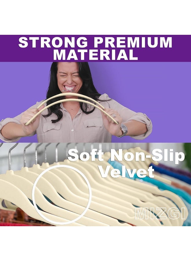 MIZGI MIZGI Premium Velvet Hangers (Pack of 50) Heavyduty - Non Slip Suit Ivory Chrome Hooks, Space Saving Clothes, One Size  - Image 2